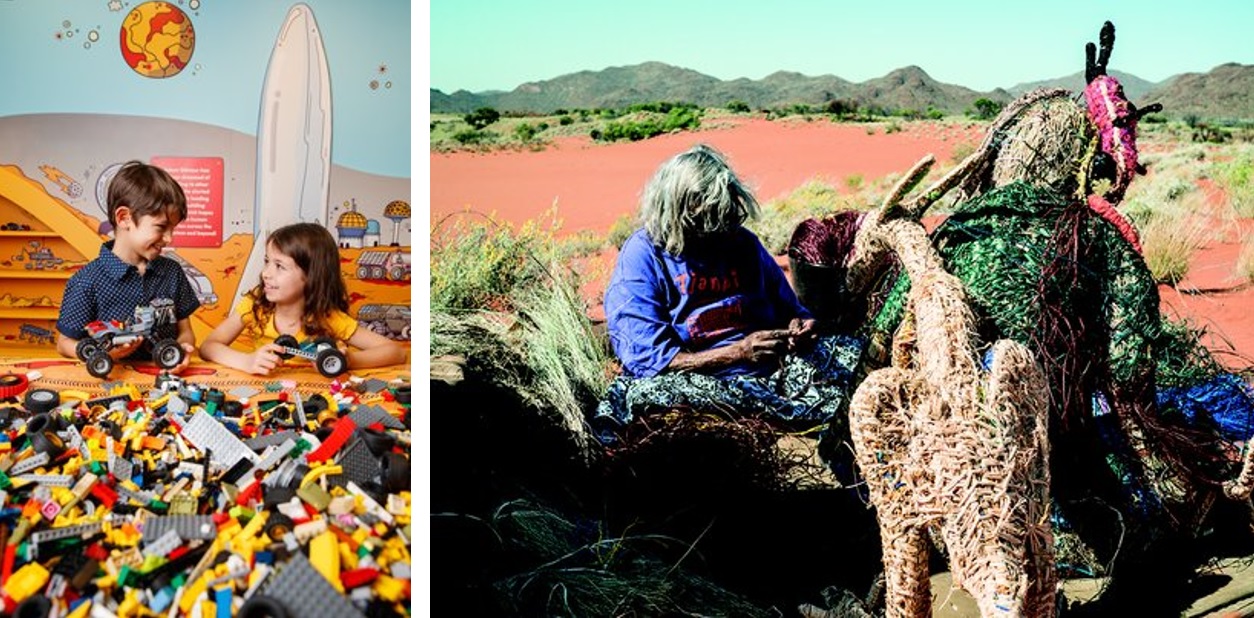 Left - On the Move, Photo by James Horan for Sydney Living Museums. Right - Tjankaya Tapaya, Ngayulu Minyma Tjanpinya, I am a Tjanpi Woman., 2017, in Obsessed: Compelled to make. Photo by Angus Lee Forbes.