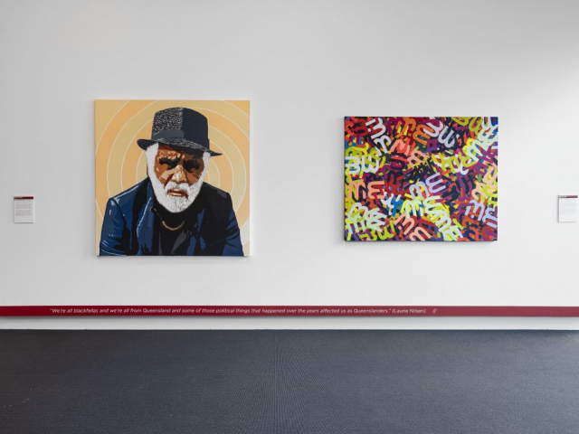 Richard Bell, Me 2015 Collection of The University of Queensland, purchased 2016 and Me, me dreaming 2013 Courtesy of the artist and Milani Gallery, Brisbane. Installation view, OCCURRENT AFFAIR, UQ Art Museum, 2021. Photo: Carl Warner
