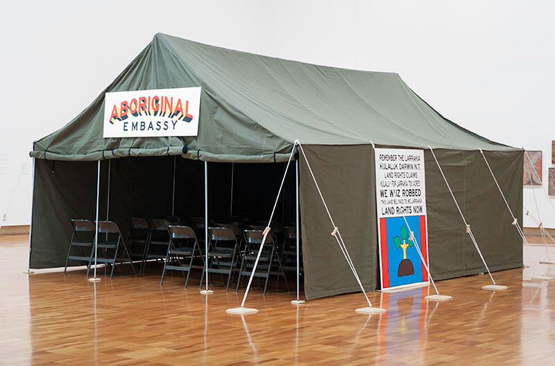 Richard Bell, Embassy 2013, Canvas tent with annex, aluminium frame, rope and projection screen; synthetic polymer paint on board. Purchased 2014. Queensland Art Gallery | Gallery of Modern Art Foundation / Collection: Queensland Art Gallery | Gallery of Modern Art / © Richard Bell